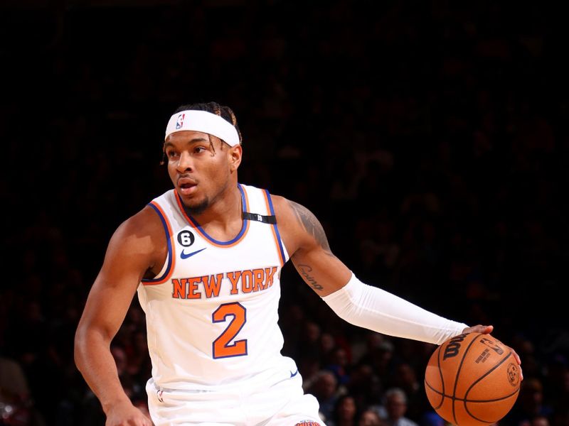 NEW YORK, NY - MARCH 27: Miles McBride #2 of the New York Knicks dribbles the ball during the game against the Houston Rockets on March 27, 2023 at Madison Square Garden in New York City, New York.  NOTE TO USER: User expressly acknowledges and agrees that, by downloading and or using this photograph, User is consenting to the terms and conditions of the Getty Images License Agreement. Mandatory Copyright Notice: Copyright 2023 NBAE  (Photo by Nathaniel S. Butler/NBAE via Getty Images)