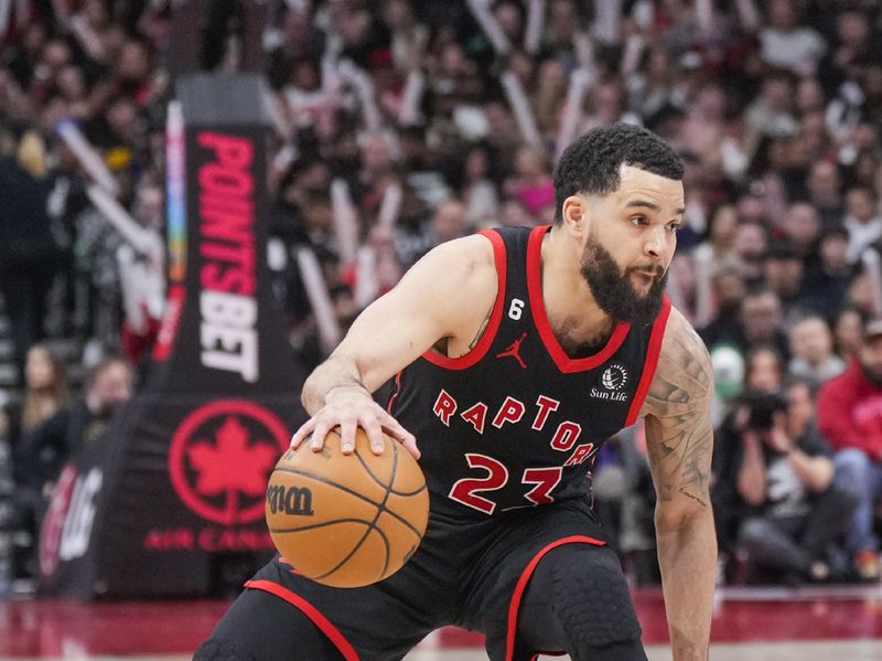 TORONTO, ON - MARCH 16: Fred VanVleet #23 of the Toronto Raptors dribbles against the Oklahoma City Thunder during the second half of their basketball game at the Scotiabank Arena on March 16, 2023 in Toronto, Ontario, Canada. NOTE TO USER: User expressly acknowledges and agrees that, by downloading and/or using this Photograph, user is consenting to the terms and conditions of the Getty Images License Agreement. (Photo by Mark Blinch/Getty Images)