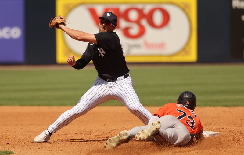 Mar 11, 2024; Tampa, Florida, USA;  New York Yankees third baseman Kevin Smith (74) tags out Baltimore Orioles outfielder Daniel Johnson (73) during the fourth inning at George M. Steinbrenner Field. Mandatory Credit: Kim Klement Neitzel-USA TODAY Sports