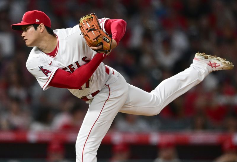 Apr 7, 2022; Anaheim, California, USA; Los Angeles Angels starting pitcher Shohei Ohtani (17) throws a pitch in the third inning against the Houston Astros at Angel Stadium. Mandatory Credit: Jayne Kamin-Oncea-USA TODAY Sports