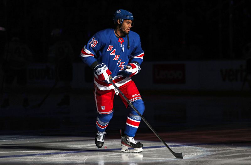 Mar 16, 2025; New York, New York, USA; New York Rangers defenseman K'Andre Miller (79) skates during the first period against the Edmonton Oilers at Madison Square Garden. Mandatory Credit: Danny Wild-Imagn Images