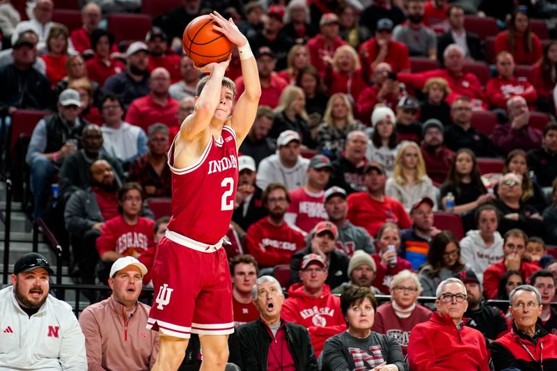 Jan 3, 2024; Lincoln, Nebraska, USA; Indiana Hoosiers guard Gabe Cupps (2) shoots a 3-pointer against the Nebraska Cornhuskers during the second half at Pinnacle Bank Arena. Mandatory Credit: Dylan Widger-USA TODAY Sports