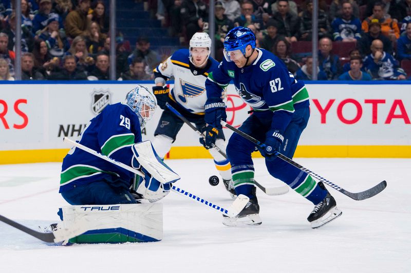 Jan 24, 2024; Vancouver, British Columbia, CAN; Vancouver Canucks defenseman Ian Cole (82) watches as goalie Casey DeSmith (29) makes a save against the St. Louis Blues in the second period at Rogers Arena. Mandatory Credit: Bob Frid-USA TODAY Sports