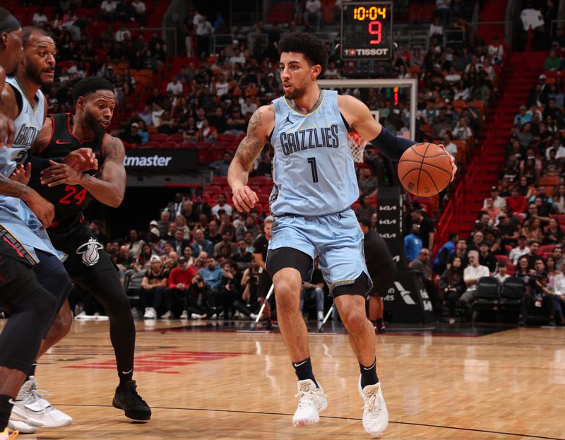 MIAMI, FL - JANUARY 24:  Scotty Pippen Jr. #1 of the Memphis Grizzlies handles the ball during the game against the Miami Heat on January 24, 2024 at Kaseya Center in Miami, Florida. NOTE TO USER: User expressly acknowledges and agrees that, by downloading and or using this Photograph, user is consenting to the terms and conditions of the Getty Images License Agreement. Mandatory Copyright Notice: Copyright 2024 NBAE (Photo by Issac Baldizon/NBAE via Getty Images)