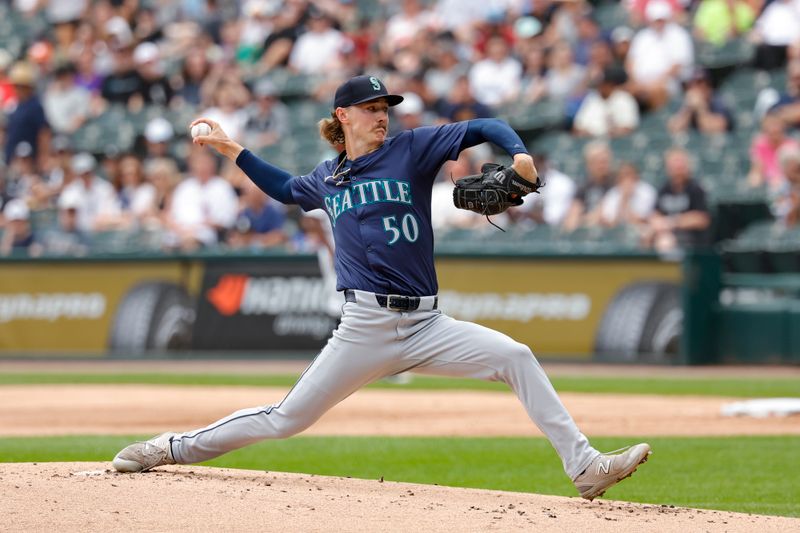 Jul 28, 2024; Chicago, Illinois, USA; Seattle Mariners starting pitcher Bryce Miller (50) delivers a pitch against the Chicago White Sox during the first inning at Guaranteed Rate Field. Mandatory Credit: Kamil Krzaczynski-USA TODAY Sports