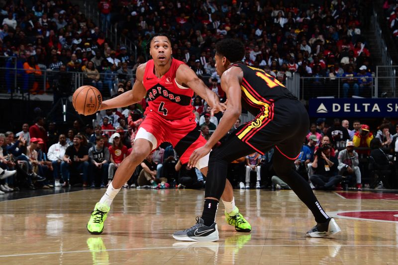 ATLANTA, GA - February 23:  Scottie Barnes #4 of the Toronto Raptors handles the ball during the game against the Atlanta Hawks on February 23, 2024 at State Farm Arena in Atlanta, Georgia.  NOTE TO USER: User expressly acknowledges and agrees that, by downloading and/or using this Photograph, user is consenting to the terms and conditions of the Getty Images License Agreement. Mandatory Copyright Notice: Copyright 2024 NBAE (Photo by Scott Cunningham/NBAE via Getty Images)