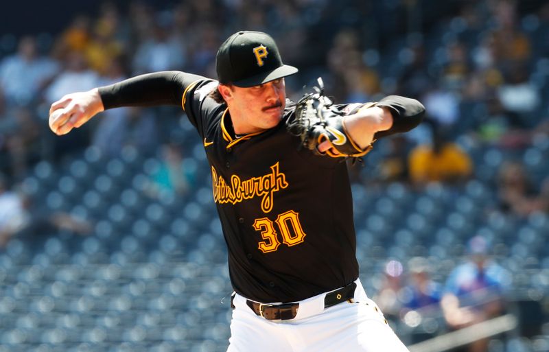 Aug 28, 2024; Pittsburgh, Pennsylvania, USA;  Pittsburgh Pirates starting pitcher Paul Skenes (30) pitches against the Chicago Cubs during the fourth inning at PNC Park. Mandatory Credit: Charles LeClaire-USA TODAY Sports