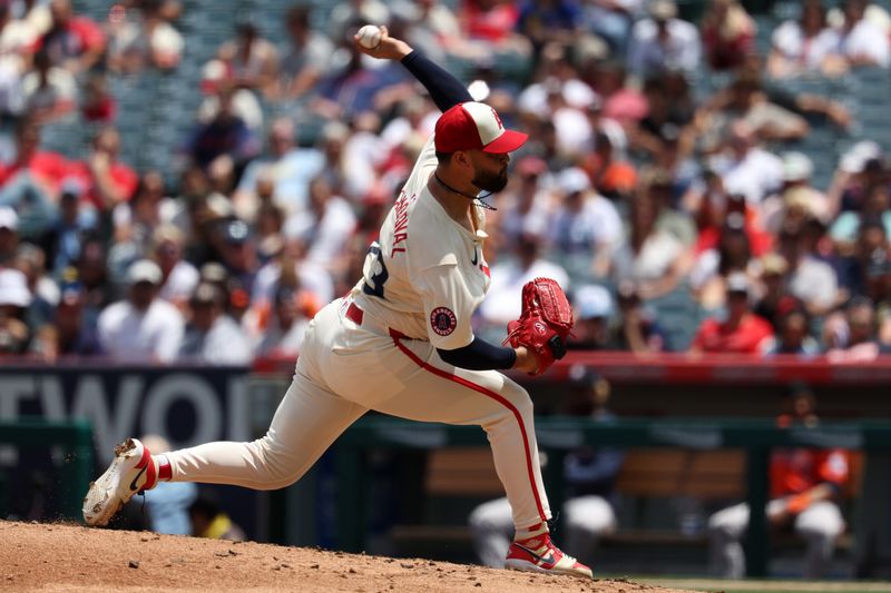 Jun 9, 2024; Anaheim, California, USA;  Los Angeles Angels starting pitcher Patrick Sandoval (43) pitches during the second inning against the Houston Astros at Angel Stadium. Mandatory Credit: Kiyoshi Mio-USA TODAY Sports