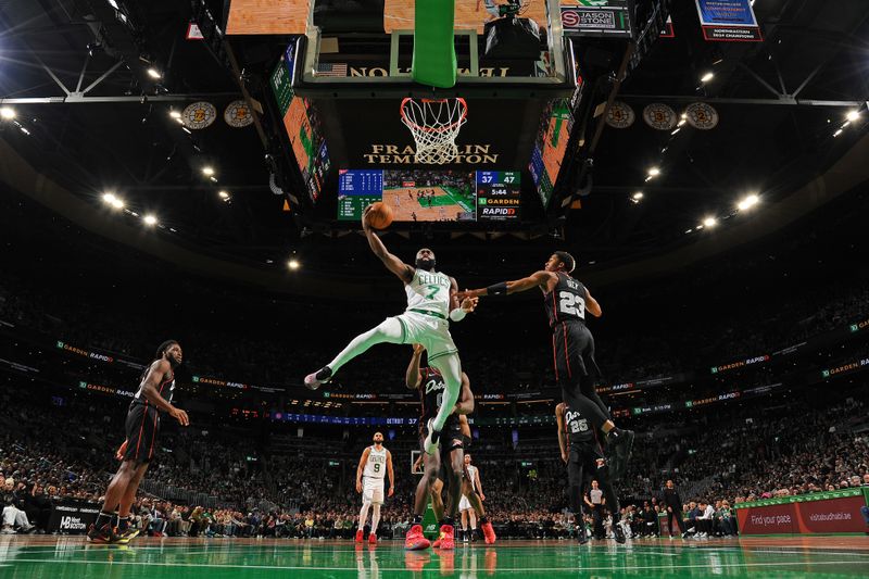 BOSTON, MA - MARCH 18: Jaylen Brown #7 of the Boston Celtics shoots the ball during the game against the Detroit Pistons on March 18, 2024 at the TD Garden in Boston, Massachusetts. NOTE TO USER: User expressly acknowledges and agrees that, by downloading and or using this photograph, User is consenting to the terms and conditions of the Getty Images License Agreement. Mandatory Copyright Notice: Copyright 2024 NBAE  (Photo by Brian Babineau/NBAE via Getty Images)