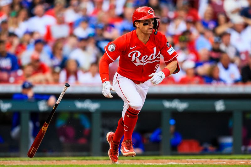 May 24, 2025; Cincinnati, Ohio, USA; Cincinnati Reds second baseman Matt McLain (9) runs to second after hitting a double in the eighth inning against the Chicago Cubs at Great American Ball Park. Mandatory Credit: Katie Stratman-Imagn Images