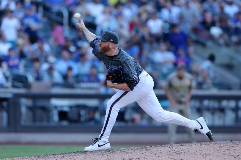 Jun 15, 2024; New York City, New York, USA; New York Mets relief pitcher Reed Garrett (75) pitches against the San Diego Padres during the ninth inning at Citi Field. Mandatory Credit: Brad Penner-USA TODAY Sports