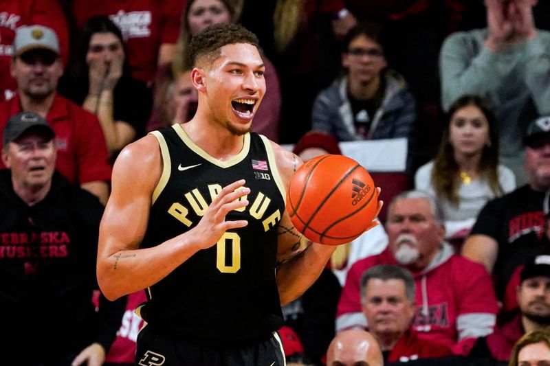 Jan 9, 2024; Lincoln, Nebraska, USA; Purdue Boilermakers forward Mason Gillis (0) reacts to a call during the second half against the Nebraska Cornhuskers at Pinnacle Bank Arena. Mandatory Credit: Dylan Widger-USA TODAY Sports