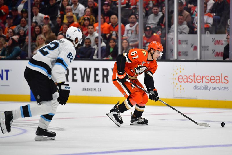 Oct 16, 2024; Anaheim, California, USA; Anaheim Ducks left wing Cutter Gauthier (61) moves the puck against Utah Hockey Club center Kevin Stenlund (82) during the second period at Honda Center. Mandatory Credit: Gary A. Vasquez-Imagn Images