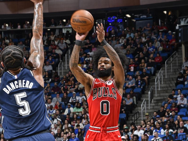 ORLANDO, FL - FEBRUARY 10: Coby White #0 of the Chicago Bulls shoots the ball during the game against the Orlando Magic on February 10, 2024 at the Kia Center in Orlando, Florida. NOTE TO USER: User expressly acknowledges and agrees that, by downloading and or using this photograph, User is consenting to the terms and conditions of the Getty Images License Agreement. Mandatory Copyright Notice: Copyright 2024 NBAE (Photo by Fernando Medina/NBAE via Getty Images)