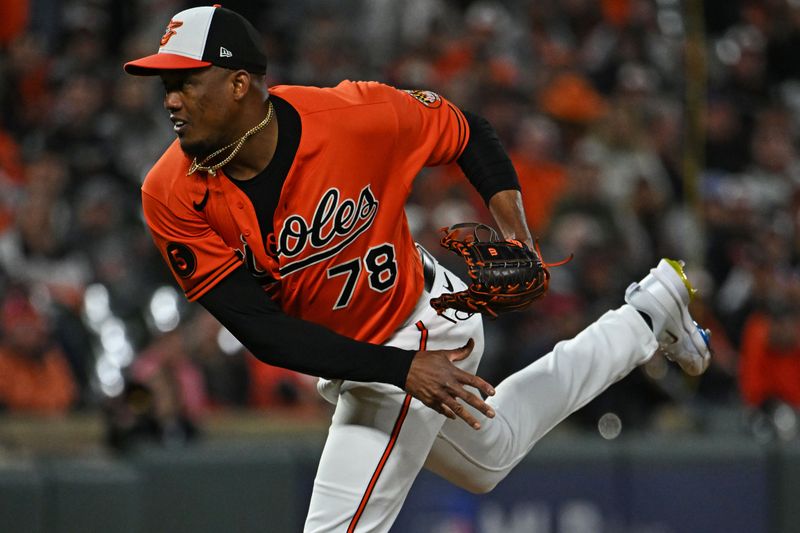 Oct 8, 2023; Baltimore, Maryland, USA; Baltimore Orioles relief pitcher Yennier Cano (78) pitches during the ninth inning against the Texas Rangers during game two of the ALDS for the 2023 MLB playoffs at Oriole Park at Camden Yards. Mandatory Credit: Tommy Gilligan-USA TODAY Sports