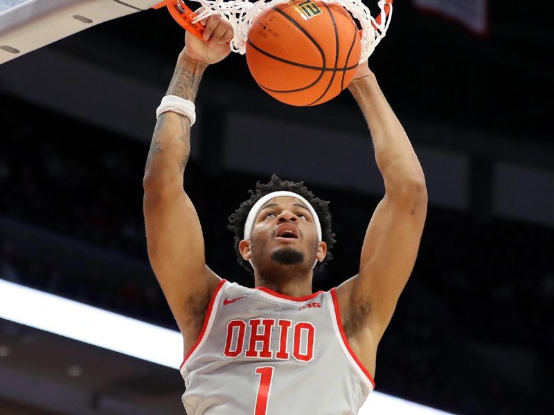 Jan 3, 2024; Columbus, Ohio, USA; Ohio State Buckeyes guard Roddy Gayle Jr. (1) dunks the ball during the second half against the Rutgers Scarlet Knights at Value City Arena. Mandatory Credit: Joseph Maiorana-USA TODAY Sports