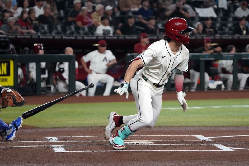 Sep 11, 2024; Phoenix, Arizona, USA; Arizona Diamondbacks outfielder Corbin Carroll (7) hits a triple against the Texas Rangers in the first inning at Chase Field. Mandatory Credit: Rick Scuteri-Imagn Images