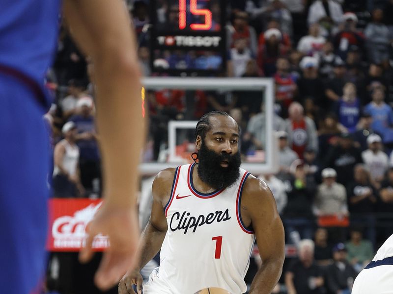 INGLEWOOD, CALIFORNIA - DECEMBER 01: James Harden #1 of the LA Clippers in the first half at Intuit Dome on December 01, 2024 in Inglewood, California.  NOTE TO USER: User expressly acknowledges and agrees that, by downloading and or using this photograph, User is consenting to the terms and conditions of the Getty Images License Agreement. (Photo by Ronald Martinez/Getty Images)