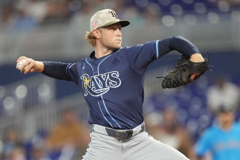 May 18, 2025; Miami, Florida, USA;  Tampa Bay Rays pitcher Shane Baz (11) pitches in the first inning against the Miami Marlins at loanDepot Park. Mandatory Credit: Jim Rassol-Imagn Images
