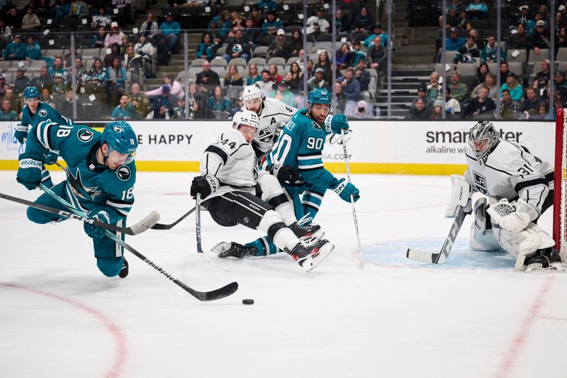 Apr 4, 2024; San Jose, California, USA; San Jose Sharks right wing Filip Zadina (18) shoots the puck against Los Angeles Kings goaltender David Rittich (31) during the second period at SAP Center at San Jose. Mandatory Credit: Robert Edwards-USA TODAY Sports