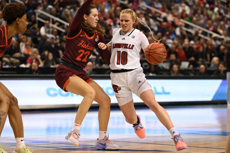 Mar 5, 2023; Greensboro, NC, USA; Louisville Cardinals guard Hailey Van Lith (10) drives around Virginia Tech Hokies guard Cayla King (22) during the first half at Greensboro Coliseum. Mandatory Credit: William Howard-USA TODAY Sports