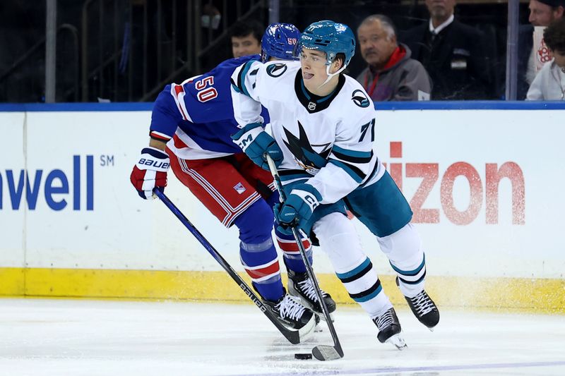 Nov 14, 2024; New York, New York, USA; San Jose Sharks center Macklin Celebrini (71) controls the puck against New York Rangers left wing Will Cuylle (50) during the first period at Madison Square Garden. Mandatory Credit: Brad Penner-Imagn Images