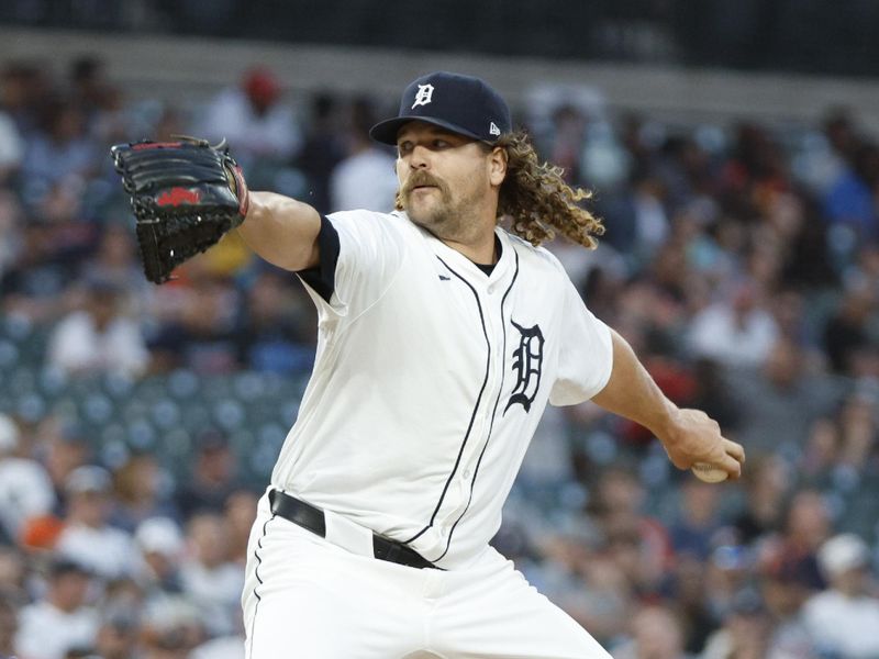 Apr 27, 2024; Detroit, Michigan, USA; Detroit Tigers pitcher Andrew Chafin (17) pitches during the eighth inning against the Kansas City Royals at Comerica Park. Mandatory Credit: Brian Bradshaw Sevald-USA TODAY Sports