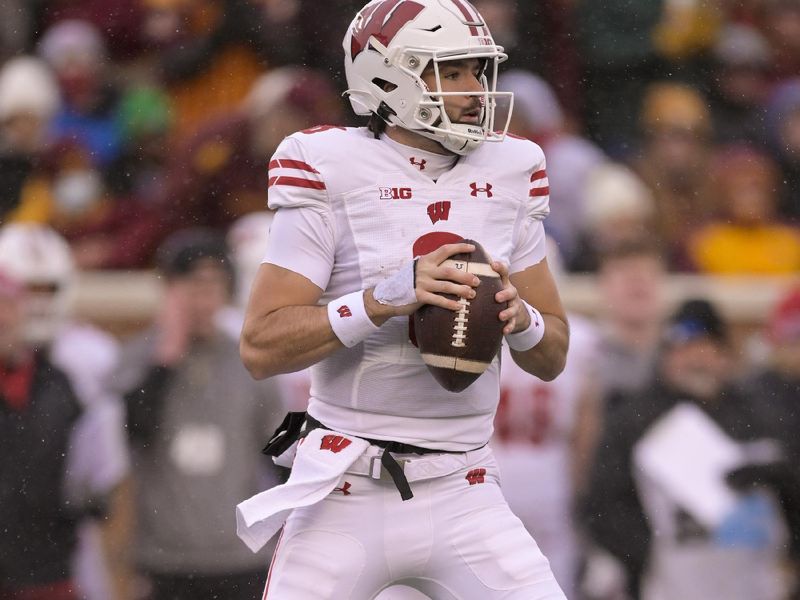 Nov 25, 2023; Minneapolis, Minnesota, USA;  Wisconsin Badgers quarterback Tanner Mordecai (8) looks to pass against the Minnesota Golden Gophers during the first quarter at Huntington Bank Stadium. Mandatory Credit: Nick Wosika-USA TODAY Sports