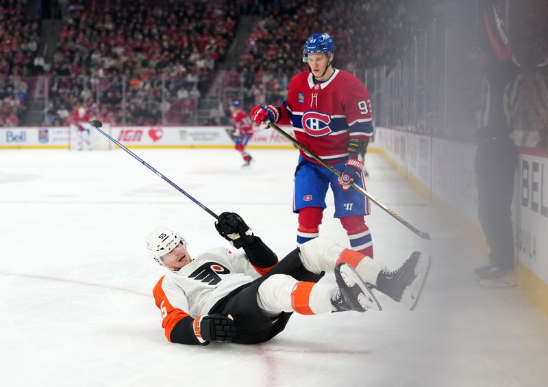 Dec 16, 2025; Montreal, Quebec, CAN; Montreal Canadians forward Ivan Demidov (93) gets a penalty for crosschecking Philadelphia Flyers (55) during the first period at the Bell Centre. Mandatory Credit: Eric Bolte-Imagn Images