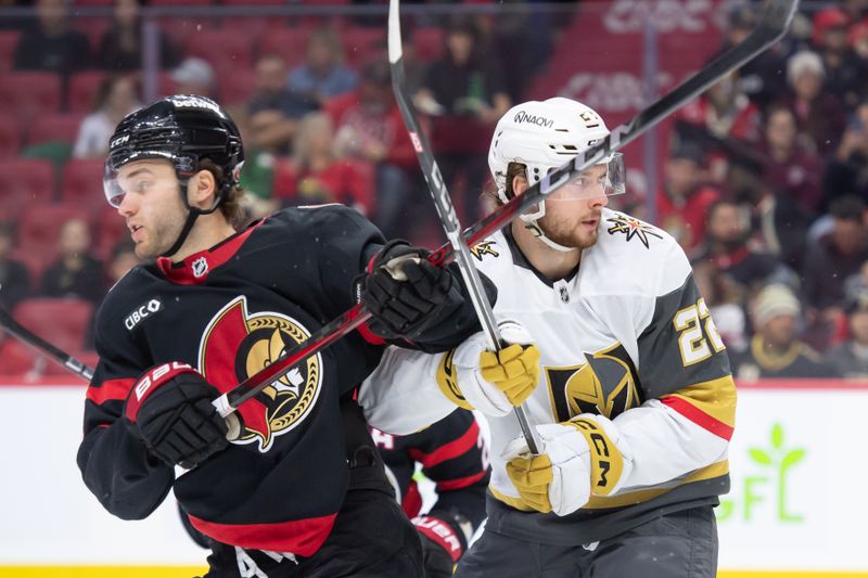 Nov 21, 2024; Ottawa, Ontario, CAN; Ottawa Senators center Josh Norris (9) battles with Vegas Golden Knights  right wing Cole Schwindt (22) in the first period at the Canadian Tire Centre. Mandatory Credit: Marc DesRosiers-Imagn Images