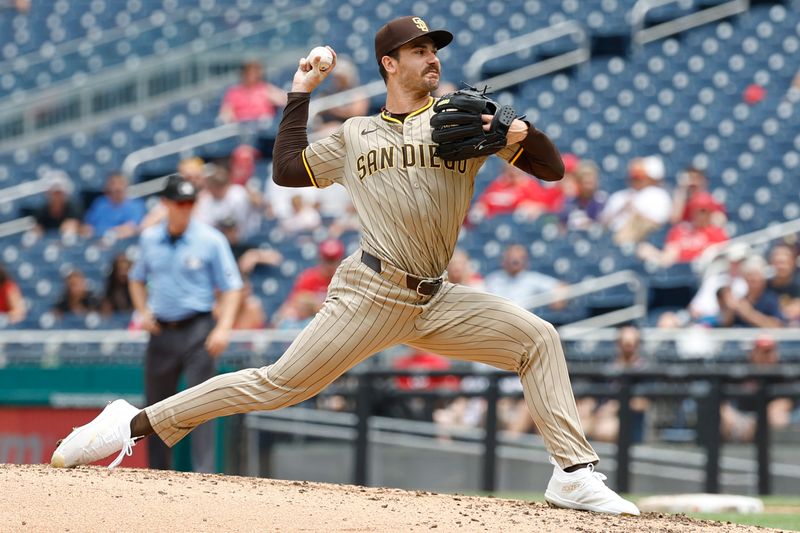 Jul 25, 2024; Washington, District of Columbia, USA; San Diego Padres starting pitcher Dylan Cease (84) pitches against the Washington Nationals during the third inning  at Nationals Park. Mandatory Credit: Geoff Burke-USA TODAY Sports