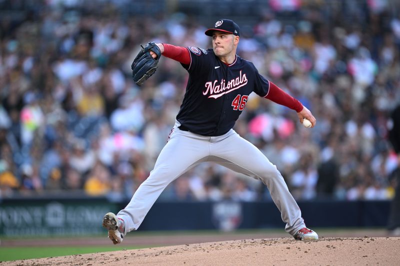 Jun 23, 2023; San Diego, California, USA; Washington Nationals starting pitcher Patrick Corbin (46) throws a pitch against the San Diego Padres during the first inning at Petco Park. Mandatory Credit: Orlando Ramirez-USA TODAY Sports