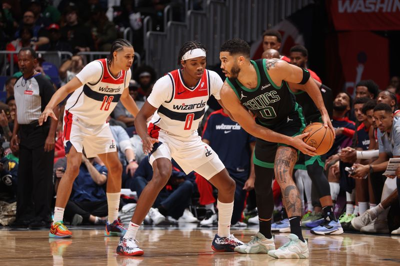 WASHINGTON, DC -? OCTOBER 24: Bilal Coulibaly #0 of the Washington Wizards plays defense on Jayson Tatum #0 of the Boston Celtics on October 24, 2024 at Capital One Arena in Washington, DC. NOTE TO USER: User expressly acknowledges and agrees that, by downloading and or using this Photograph, user is consenting to the terms and conditions of the Getty Images License Agreement. Mandatory Copyright Notice: Copyright 2024 NBAE (Photo by Kenny Giarla/NBAE via Getty Images)