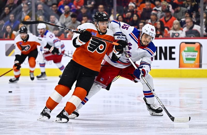 Feb 24, 2024; Philadelphia, Pennsylvania, USA; Philadelphia Flyers right wing Cam Atkinson (89) and New York Rangers defenseman Ryan Lindgren (55) battle for position in the first period at Wells Fargo Center. Mandatory Credit: Kyle Ross-USA TODAY Sports