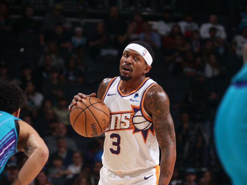 CHARLOTTE, NC - MARCH 15:  Bradley Beal #3 of the Phoenix Suns handles the ball during the game  on March 15, 2024 at Spectrum Center in Charlotte, North Carolina. NOTE TO USER: User expressly acknowledges and agrees that, by downloading and or using this photograph, User is consenting to the terms and conditions of the Getty Images License Agreement.  Mandatory Copyright Notice:  Copyright 2024 NBAE (Photo by Kent Smith/NBAE via Getty Images)