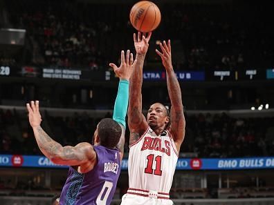 CHICAGO, IL - DECEMBER 6: DeMar DeRozan #11 of the Chicago Bulls shoots the ball during the game against the Charlotte Hornets on December 6, 2023 at the United Center in Chicago, Illinois. NOTE TO USER: User expressly acknowledges and agrees that, by downloading and or using this Photograph, user is consenting to the terms and conditions of the Getty Images License Agreement. Mandatory Copyright Notice: Copyright 2023 NBAE (Photo by Gary Dineen/NBAE via Getty Images).