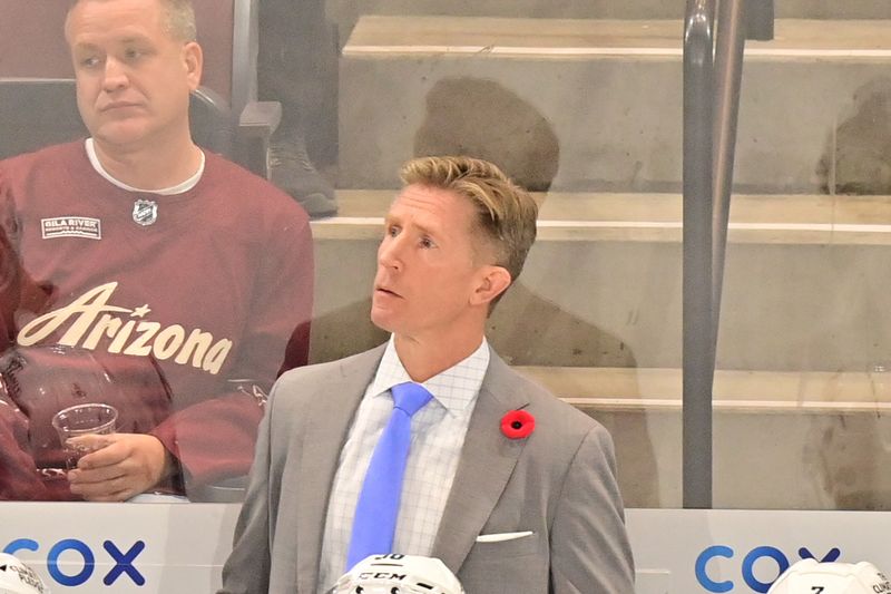 Nov 7, 2023; Tempe, Arizona, USA; Seattle Kraken head coach Dave Hakstol looks on in the first period against the Arizona Coyotes at Mullett Arena. Mandatory Credit: Matt Kartozian-USA TODAY Sports