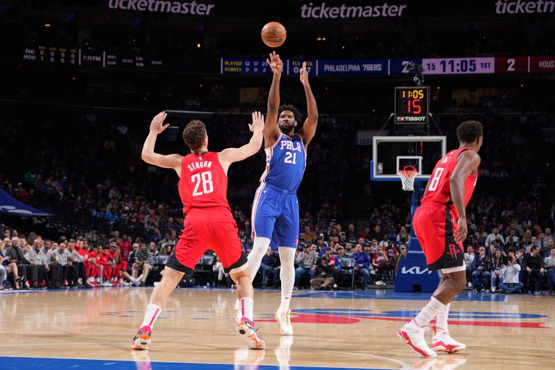 PHILADELPHIA, PA - FEBRUARY 13: Joel Embiid #21 of the Philadelphia 76ers shoots the ball during the game against the Houston Rockets on February 13, 2023 at the Wells Fargo Center in Philadelphia, Pennsylvania NOTE TO USER: User expressly acknowledges and agrees that, by downloading and/or using this Photograph, user is consenting to the terms and conditions of the Getty Images License Agreement. Mandatory Copyright Notice: Copyright 2023 NBAE (Photo by Jesse D. Garrabrant/NBAE via Getty Images)