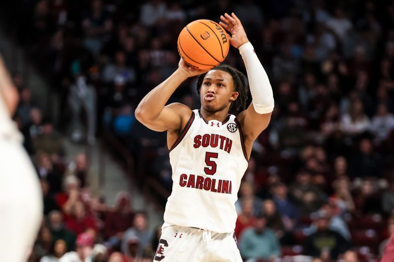 Jan 6, 2024; Columbia, South Carolina, USA; South Carolina Gamecocks guard Meechie Johnson (5) attempts a three point basket \ams in the first half at Colonial Life Arena. Mandatory Credit: Jeff Blake-USA TODAY Sports
