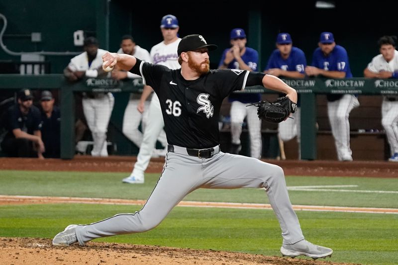 Jul 22, 2024; Arlington, Texas, USA; Chicago White Sox relief pitcher Steven Wilson (36) throws to the plate during the tenth inning against the Texas Rangers at Globe Life Field. Mandatory Credit: Raymond Carlin III-USA TODAY Sports