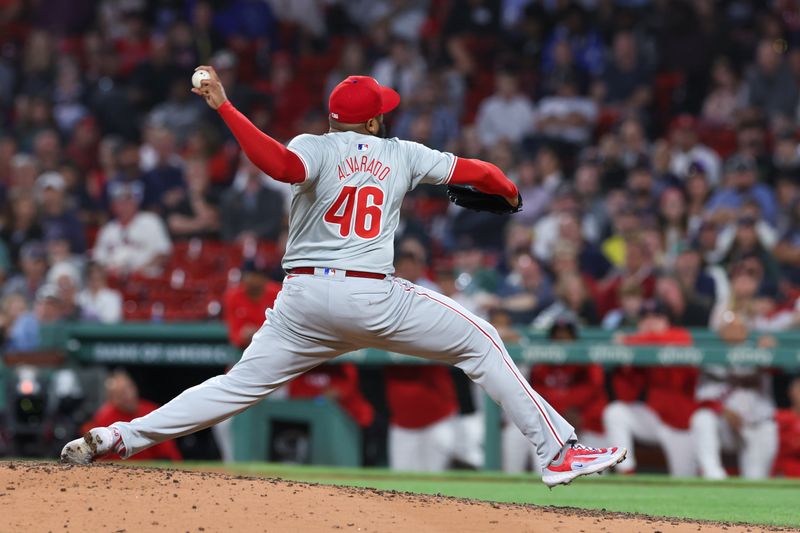 Jun 11, 2024; Boston, Massachusetts, USA; Philadelphia Phillies relief pitcher Jose Alvarado (46) delivers a pitch during the ninth inning against the Boston Red Sox at Fenway Park. Mandatory Credit: Paul Rutherford-USA TODAY Sports