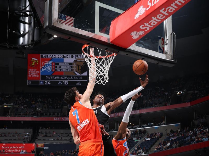 MEMPHIS, TN - MARCH 16:  GG Jackson #45 of the Memphis Grizzlies drives to the basket during the game against the Oklahoma City Thunder on March 16, 2024 at FedExForum in Memphis, Tennessee. NOTE TO USER: User expressly acknowledges and agrees that, by downloading and or using this photograph, User is consenting to the terms and conditions of the Getty Images License Agreement. Mandatory Copyright Notice: Copyright 2024 NBAE (Photo by Joe Murphy/NBAE via Getty Images)