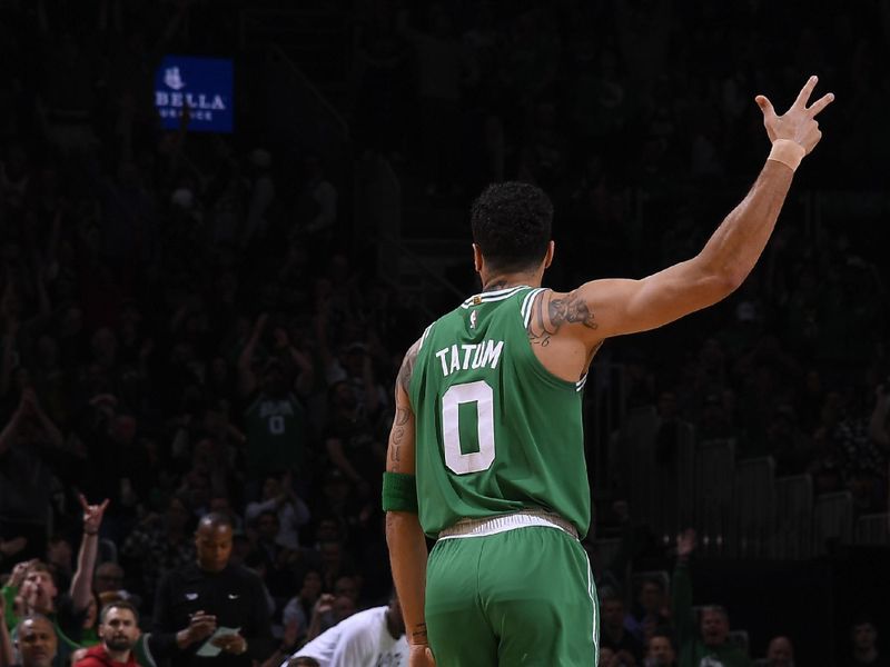 BOSTON, MA - APRIL 24: Jayson Tatum #0 of the Boston Celtics looks on during the game  against the Miami Heat during Round 1 Game 2 of the 2024 NBA Playoffs on April 24, 2024 at the TD Garden in Boston, Massachusetts. NOTE TO USER: User expressly acknowledges and agrees that, by downloading and or using this photograph, User is consenting to the terms and conditions of the Getty Images License Agreement. Mandatory Copyright Notice: Copyright 2024 NBAE  (Photo by Brian Babineau/NBAE via Getty Images)