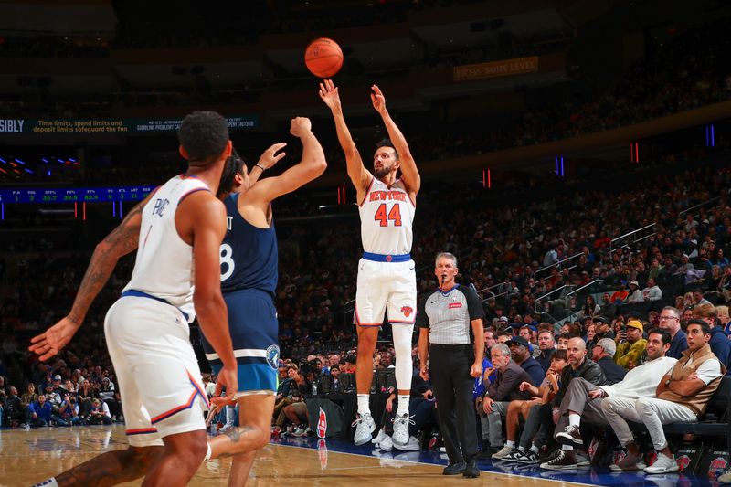 NEW YORK, NY - OCTOBER 13: Landry Shamet #44 of the New York Knicks shoots a three point basket during the game on October 13, 2024 at Madison Square Garden in New York City, New York.  NOTE TO USER: User expressly acknowledges and agrees that, by downloading and or using this photograph, User is consenting to the terms and conditions of the Getty Images License Agreement. Mandatory Copyright Notice: Copyright 2024 NBAE  (Photo by David L. Nemec/NBAE via Getty Images)