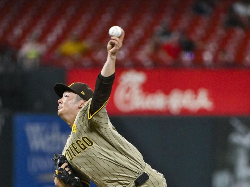 Aug 27, 2024; St. Louis, Missouri, USA;  San Diego Padres relief pitcher Yuki Matsui (1) pitches against the St. Louis Cardinals during the sixth inning at Busch Stadium. Mandatory Credit: Jeff Curry-USA TODAY Sports