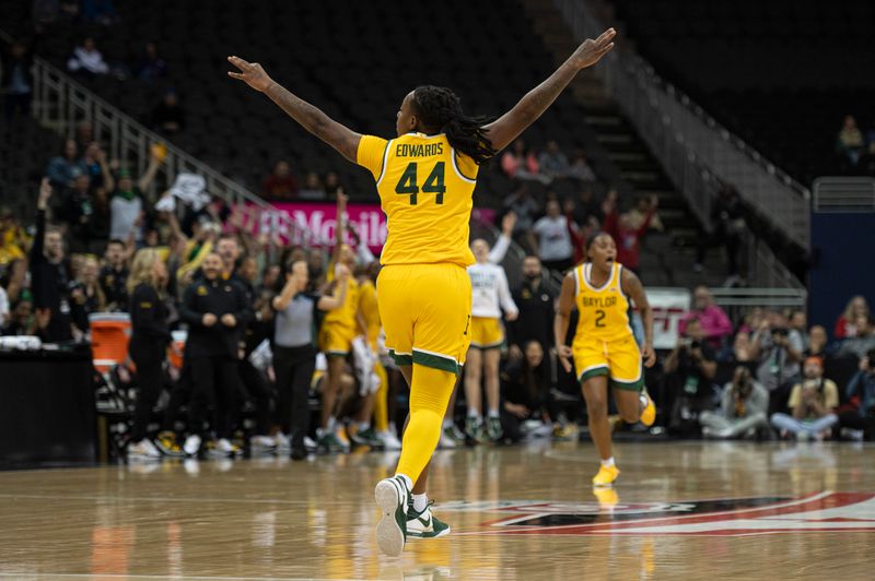 Mar 9, 2024; Kansas City, MO, USA; Baylor Lady Bears forward Dre'Una Edwards (44) celebrates making a three-point shot against the Iowa State Cyclones during the second half at T-Mobile Center. Mandatory Credit: Amy Kontras-USA TODAY Sports