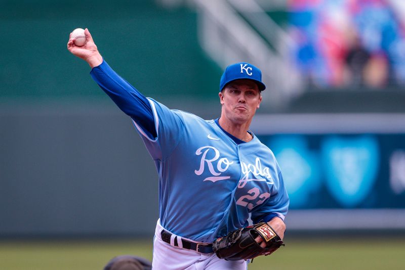 Apr 16, 2023; Kansas City, Missouri, USA; Kansas City Royals starting pitcher Zack Greinke (23) pitching during the first inning against the Atlanta Braves at Kauffman Stadium. Mandatory Credit: William Purnell-USA TODAY Sports