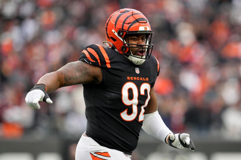 Cincinnati Bengals defensive tackle BJ Hill plays during an NFL football game against the Cleveland Browns, Sunday, Jan. 7, 2024, in Cincinnati. (AP Photo/Jeff Dean)
