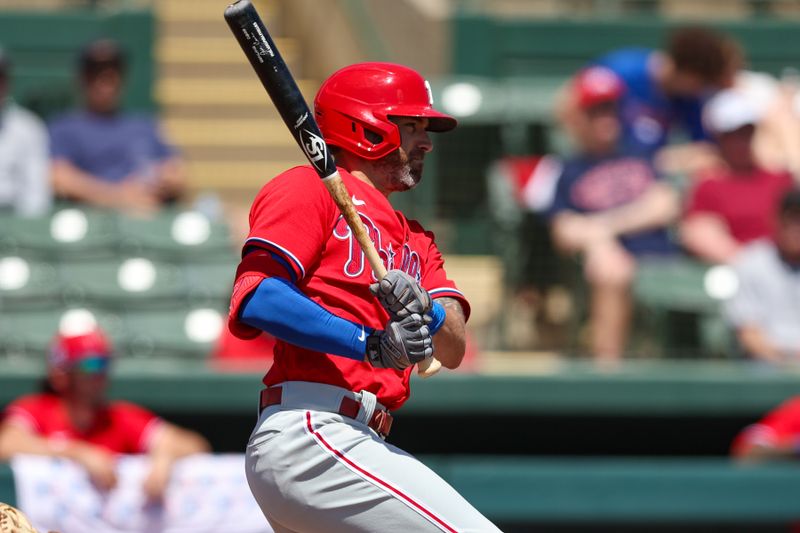 Mar 26, 2023; Sarasota, Florida, USA;  Philadelphia Phillies left fielder Jake Cave (44) hits an rbi double against the Baltimore Orioles in the fourth inning during spring training at Ed Smith Stadium. Mandatory Credit: Nathan Ray Seebeck-USA TODAY Sports