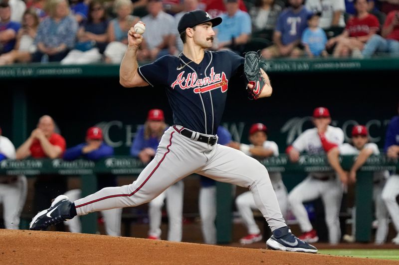 May 17, 2023; Arlington, Texas, USA; Atlanta Braves starting pitcher Spencer Strider (99) throws during the first inning against the Texas Rangers at Globe Life Field. Mandatory Credit: Raymond Carlin III-USA TODAY Sports